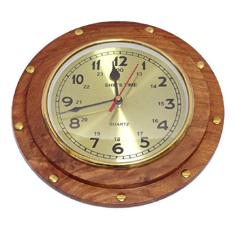 Schiffs-Uhr, Wanduhr im Bullauge aus Holz, Kajüte-Uhr, Quartzwerk 23 cm