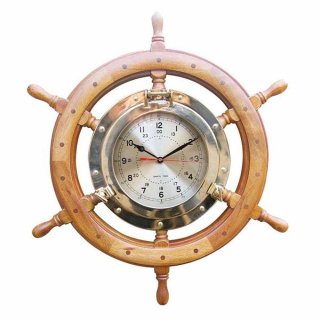 Marine Wanduhr, Bullaugen Uhr im Steuerrad aus Messing und Holz 62 cm
