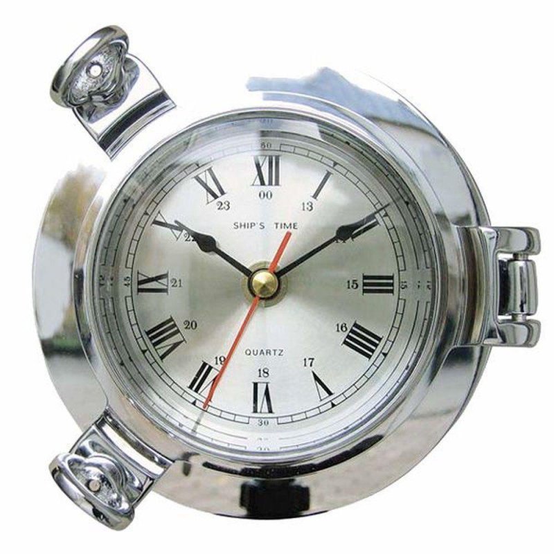 Bullaugen Uhr, Wanduhr, Marine Uhr, Messing verchromt Quartz Werk Ø 14 cm