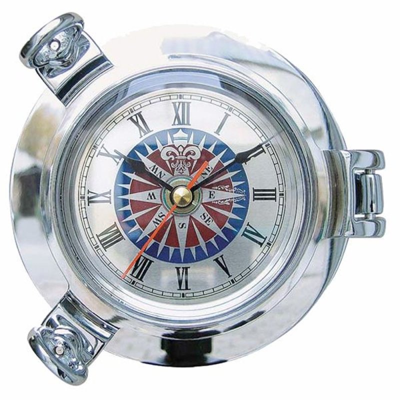 Schiffsuhr, Bullaugen Wanduhr, Uhr mit Windrosen Zifferblatt, verchromt Ø 14 cm
