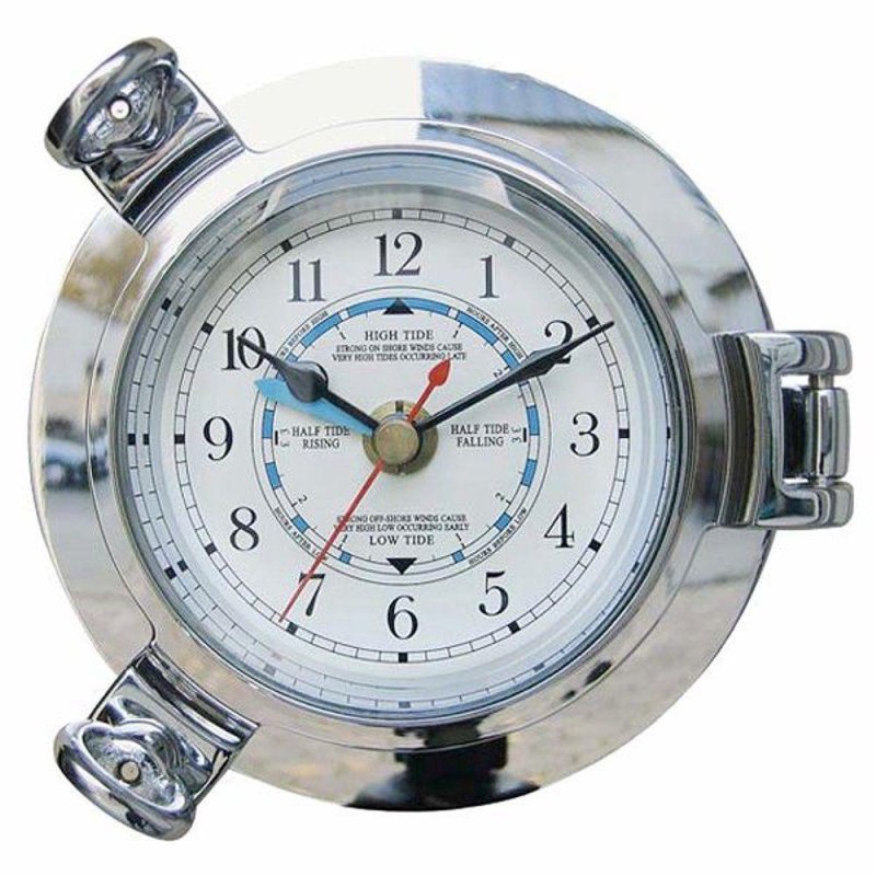 Tidenuhr, Bullaugen Uhr Messing verchromt, Edle Wanduhr mit Tidenanzeige Ø 14 cm