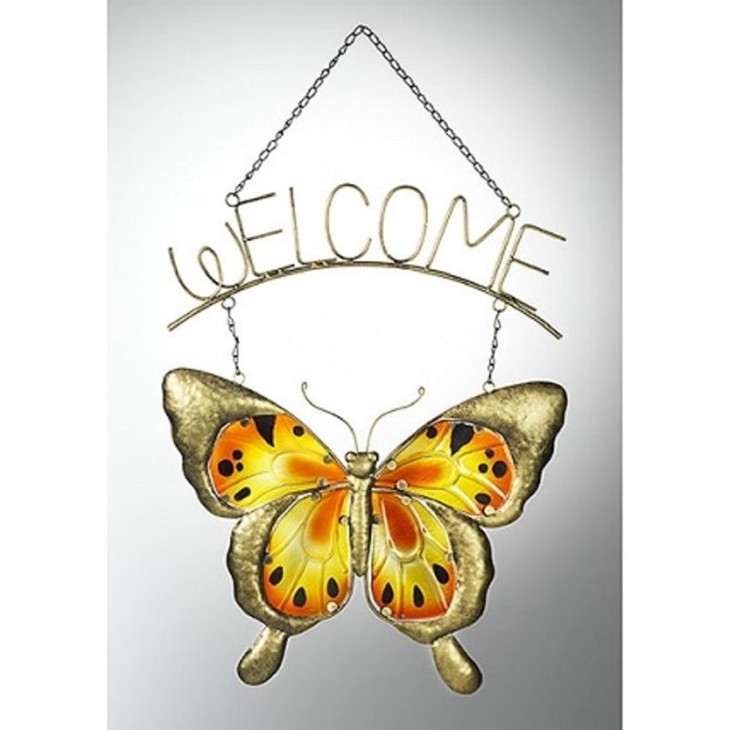 Wanddekoration Schmetterling Welcome aus Glas und Metall im Retro Stil