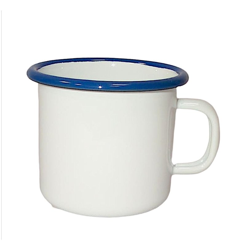 Emaille Tasse, Henkelbecher, Kaffeetasse, Outdoor Becher Weiß- Blau 7 cm