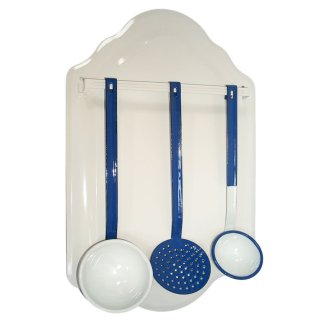 Löffelgarnitur mit Löffelblech, Nostalgie Küchenhelfer Set, Emaille weiß blau