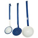 Emaille Löffelgarnitur mit Wandblech, Kellengarnitur, Küchenhelfer Set weiß blau