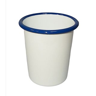 Emaille Becher, Konischer Milchbecher, Trinkbecher weiß- blau 10 cm