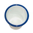 Konischer Emaille Becher, Milchbecher, Trinkbecher, weiß- blau 10 cm