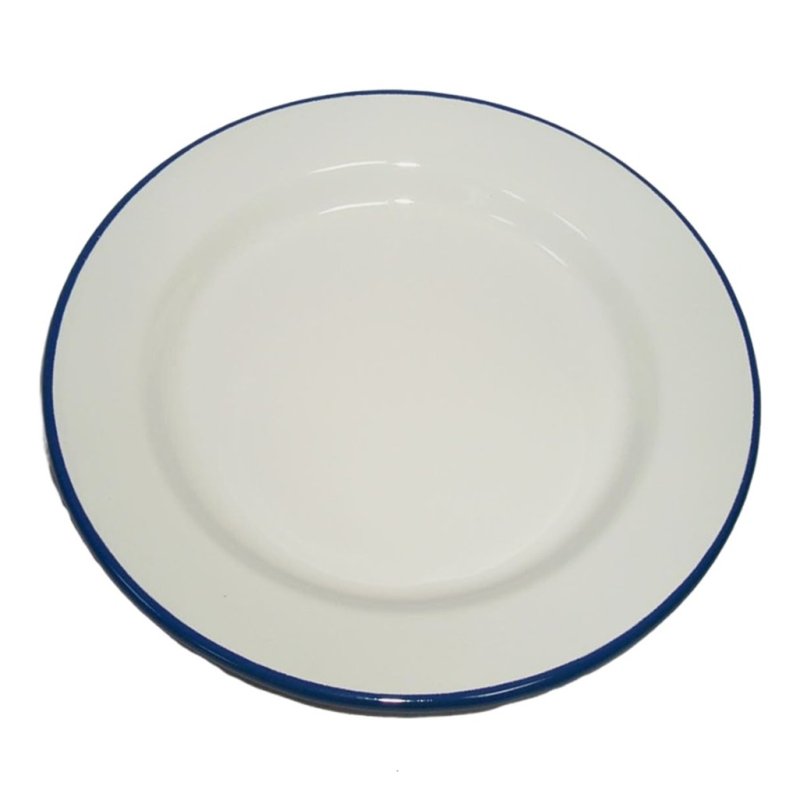 Emaille Teller flach, Essen Teller, Menüteller, Servierteller, weiß- blau 24 cm