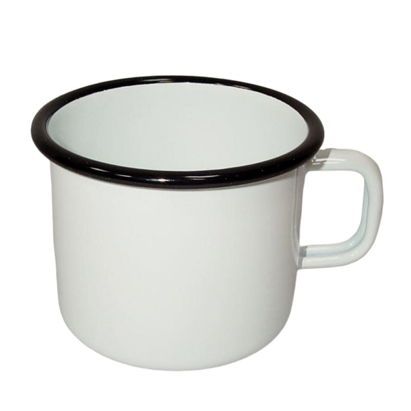 Emaille Tasse, Becher, Henkelbecher, Kaffeetasse, weiß- schwarz 9 cm