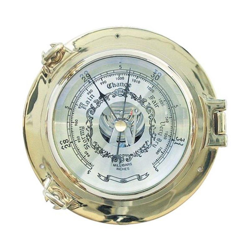 Barometer im Bullauge, Messing massiv, Marine Dosenbarometer Ø 14 cm