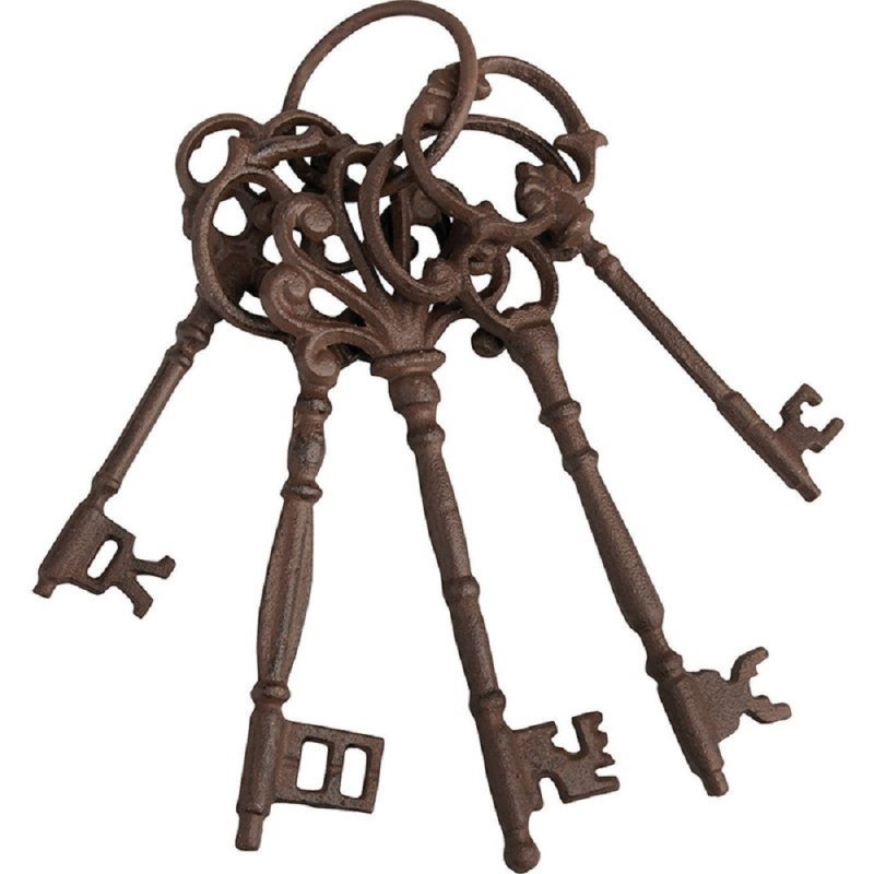 Antik Schlüsselbund 5 große Mittelalter Gusseisen Schlüssel am Ring