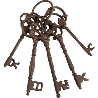 Antik Schlüsselbund, 5 große Mittelalter Gusseisen Schlüssel am Ring