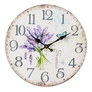 Wanduhr, Lavendel Küchenuhr, Romantische Landhaus Uhr mit Lavendelstrauß Ø 28 cm