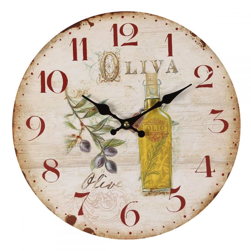 Wanduhr, Mediterrane Küchenuhr, Uhr, Olivenzweige und Flasche Olivenöl 28 cm