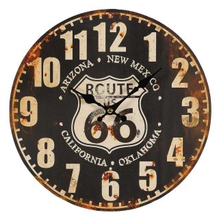 Wanduhr Route 66, Biker Uhr, Küchenuhr, rustikale Kneipen Uhr Ø 28 cm
