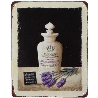 Blechschild Lavendel, Blumen Wandschild mit Parfüm Flasche Lavendelöl 25x20 cm
