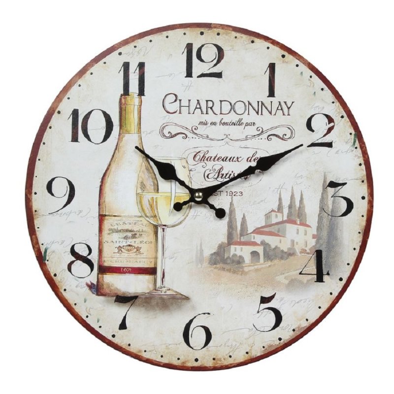 Wanduhr mit Weißwein Motiv, Landhaus Küchenuhr, Mediterrane Kneipen Uhr