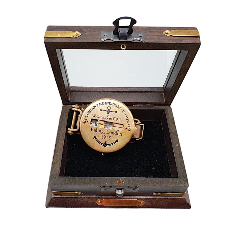 Peil- und Marschkompass WWI, Armee Kompass aus Altmessing in der Holzbox