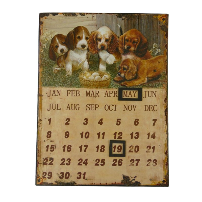 Magnetkalender mit Hundewelpen, Blechschild Hunde, Kalender, Dauerkalender 33x25
