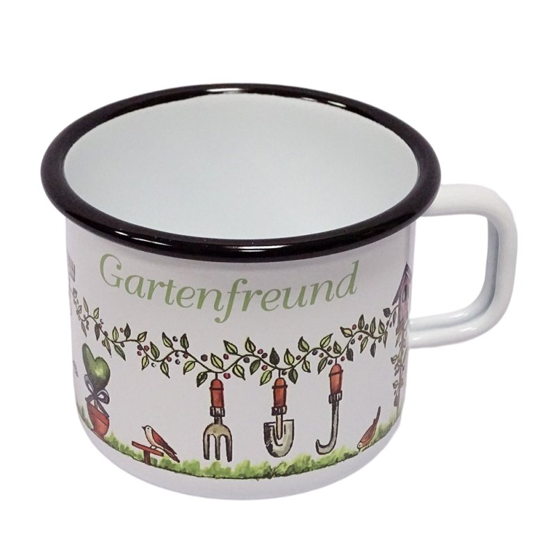 Emaille Tasse, Kaffeepott Gartenfreund, Henkelbecher, Outdoor Kaffeetasse 9 cm