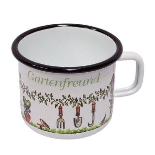 Emaille Tasse, Kaffeepott Gartenfreund, Henkelbecher, Outdoor Kaffeetasse 9 cm