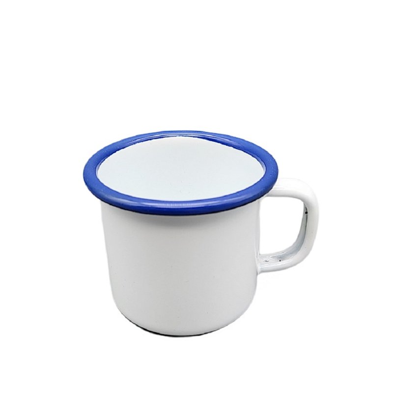 Emaille Tasse, Henkelbecher, Kaffeetasse, Kinder Becher Weiß- Blau 6 cm