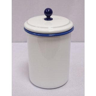 Emaille Vorratsdose, Küchenbehälter mit Deckel, Weiß- Blau 19 cm