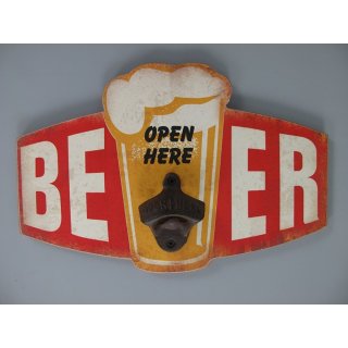 Blechschild, Reklameschild mit Öffner, Beer Open Here Gastro Schild 20x30 cm