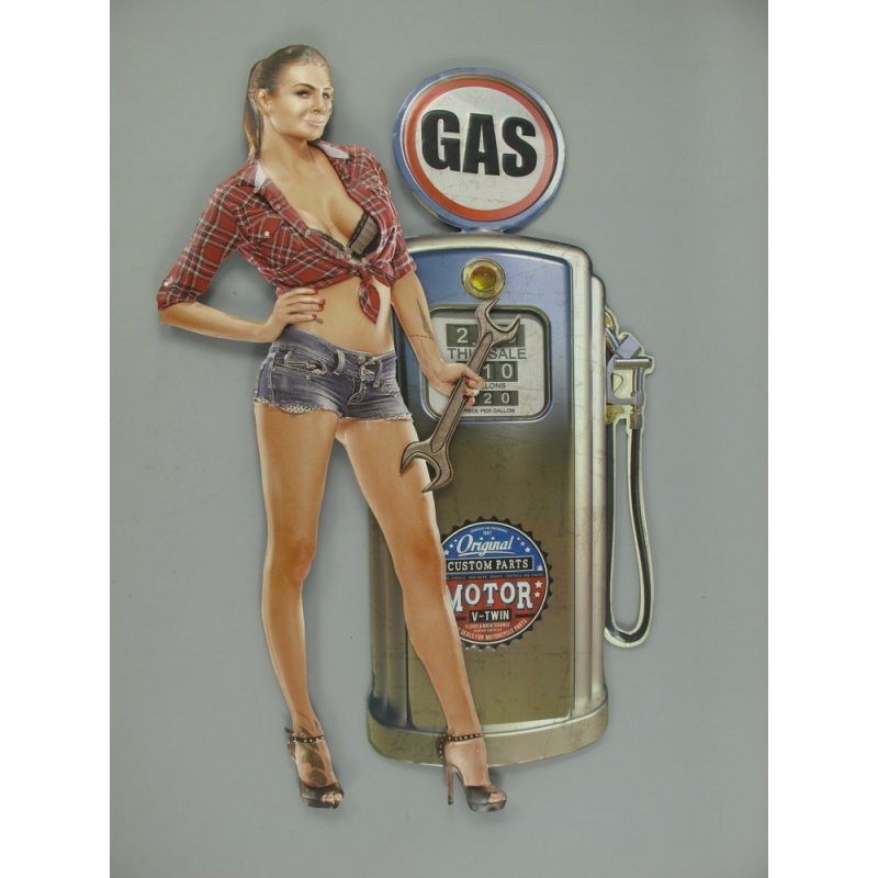 Blechschild, 3D Reklameschild Pin Up Girl und Tanksäule Auto Wandschild 84x55 cm