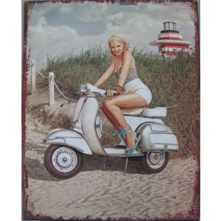 Blechschild, Reklameschild Scooter mit Pin Up Girl Biker Wandschild 25x20 cm.