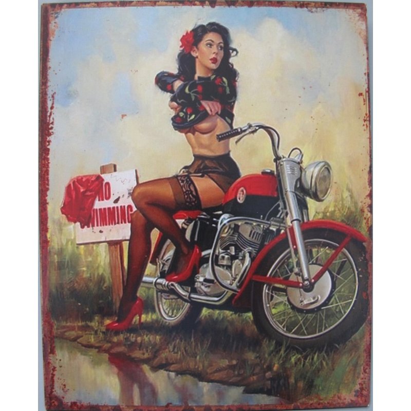 Blechschild, Reklameschild No Swimming Pin Up Girl Biker Wandschild 25x20 cm