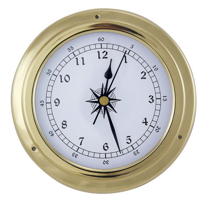 Schiffsuhr, Bootsuhr, Maritime Einbau-Uhr im poliertem Messing Gehäuse Ø 14,5 cm