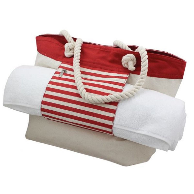 Strand-Tasche mit Badetuchhalter, maritime Strandtasche in Baige und Rot