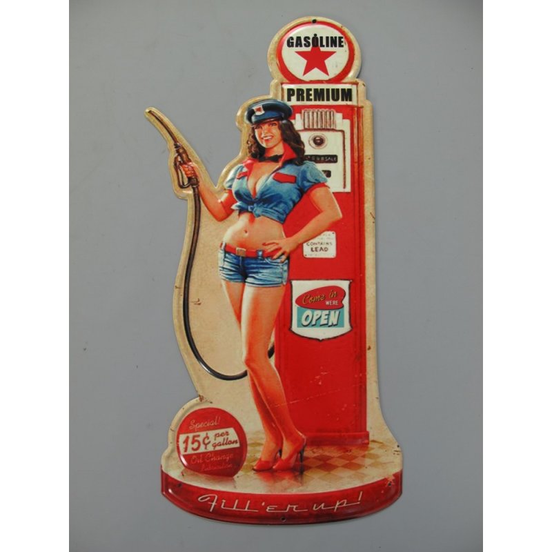 Blechschild, Reklameschild, Pin Up Girl und Tanksäule, Auto Schild 60x27 cm