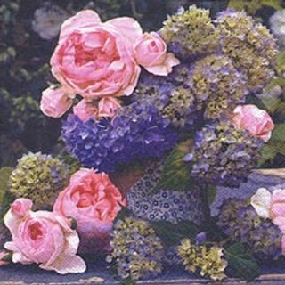 20 Servietten, Rosa Rosen und Blaue Hortensien 33x33 cm