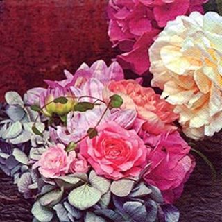 20 Servietten, Pracht Blumenstrauß mit Rosen und Hortensien 33x33 cm