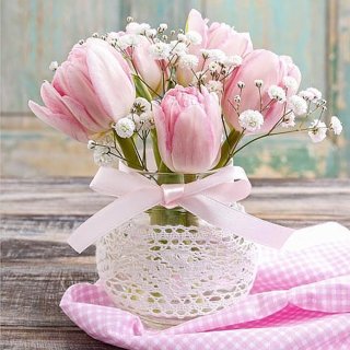 20 Servietten, Romantischer Blumenstrauß mit Rosa Tulpen...