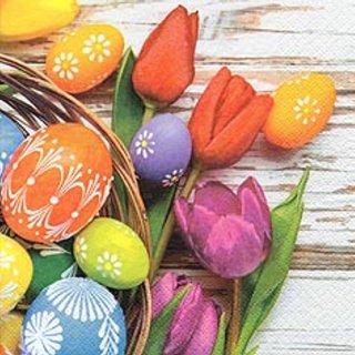 20 Serviette, Ostern, Frühling, Bunte Eier im Korb und...