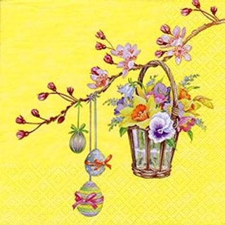 20 Servietten, Ostern Blütenzweig mit Blumenkorb und Bunte Eier 33x33 cm