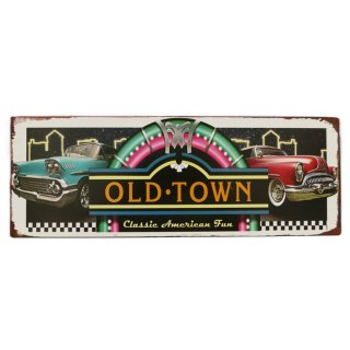 Blechschild, Reklameschild Old Town und Oldtimer, Auto Wandschild 13x36 cm