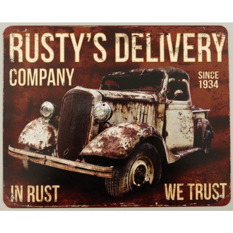 Blechschild, Reklameschild, Rustys Delivery, Oldtimer Wandschild 20x25 cm