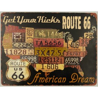 Blechschild, Reklameschild, Route 66 American Dream, Wandschild 25x33 cm
