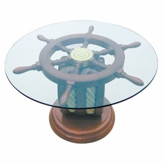 Maritimer Salon Tisch, Kajüten Tisch mit Glasplatte, Kapitänstisch aus Edelholz