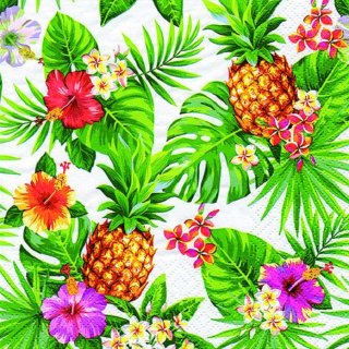 20 Servietten Sommer, Tropen, Ananas, Blüten und Palmenblätter weiß 33x33