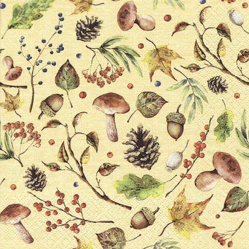 20 Servietten, Herbswaldhonig, Blätter, Früchte des Waldes und Pilze 33x33 cm
