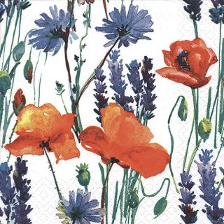 20 Servietten, Wilde Sommerblumen, Mohn, Lavendel und Kornblumen 33x33 cm
