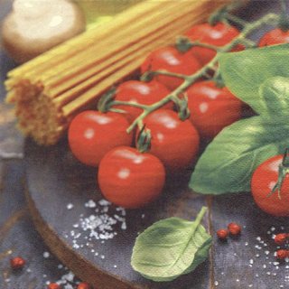 20 Servietten, Dolce Vita mit Spaghetti, Tomaten und Kräutern 33x33 cm