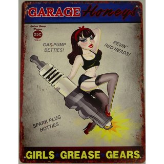 Blechschild, Reklameschild, Garage Horeys, Pin Up Girl mit Zündkerze 33x25 cm