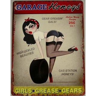 Blechschild, Reklameschild, Garage Horeys, Pin Up Girl mit Reifen 33x25 cm