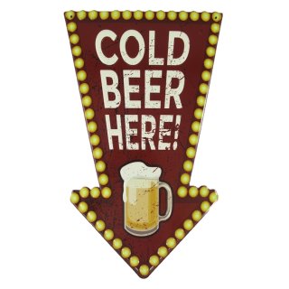 Blechschild, Reklameschild, Cold Beer Here auf Pfeil, Gastro Wandschild 50x30 cm